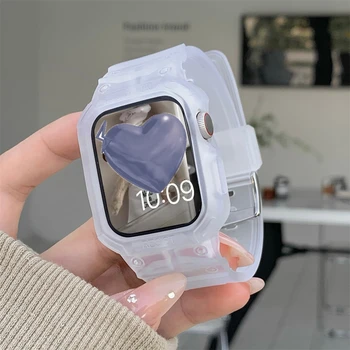 Корейски Спортен Прозрачен каишка + Калъф За Apple Watch 6 7 SE 5 3 42 Прозрачен Силиконов ремък За iwatch 41 мм 45 мм 38 40 мм 44 мм 42 мм
