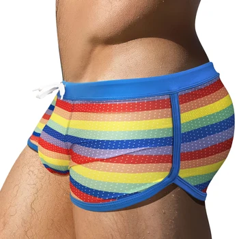 Летни мъжки бански с цепка отстрани, Секси U-образна калъф, с Преливащи се цветове плажни топене, найлонови бързо съхнещи шорти, мъжки спортен бански костюм