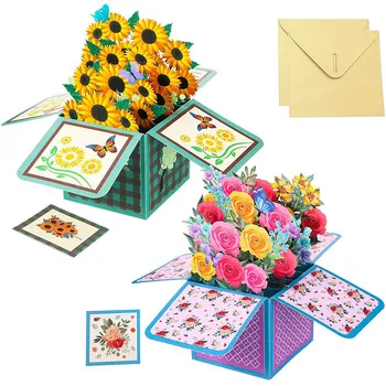 2 Бр. Всплывающая картичка с цвете семки на Ден на майката, 3D Плик с букет за Деня на майката, подаръци за майките